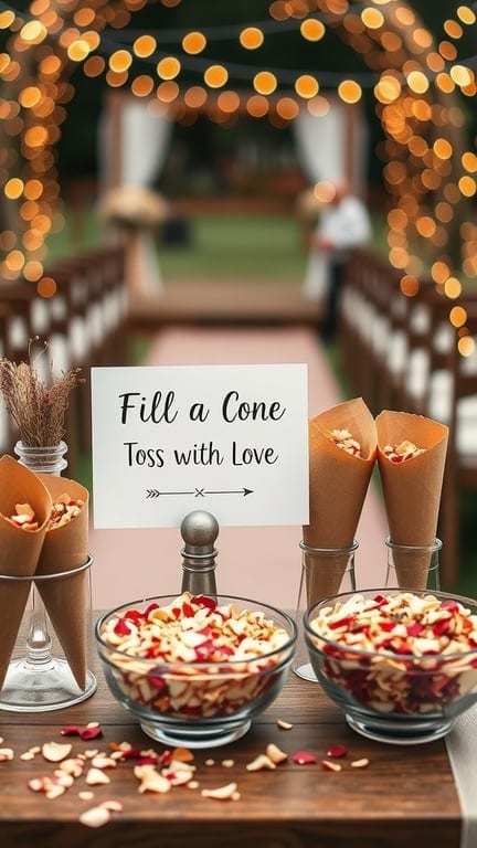 A DIY confetti cone station at a wedding with bowls of colorful petals and cones ready for guests to fill.