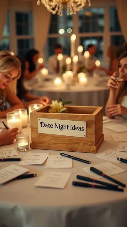 A cozy Date Night Jar Station with guests writing ideas on cards around a candlelit table.