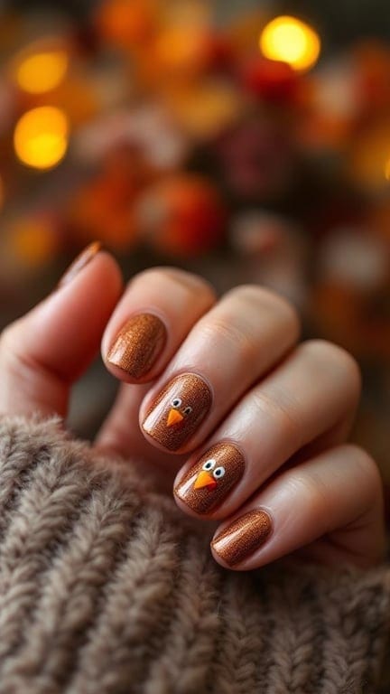 Brown glitter nails featuring tiny turkey art for Thanksgiving