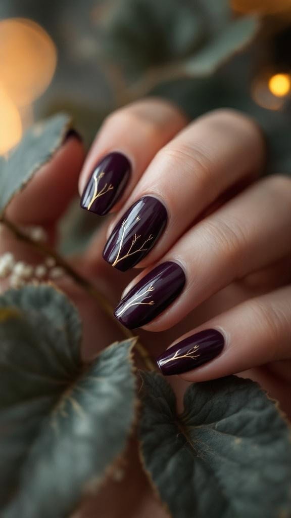 Close-up of hands with mulberry nails featuring tiny leaf art.