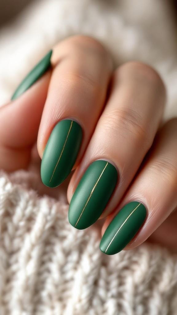 Matte hunter green nails with gold vein detailing.