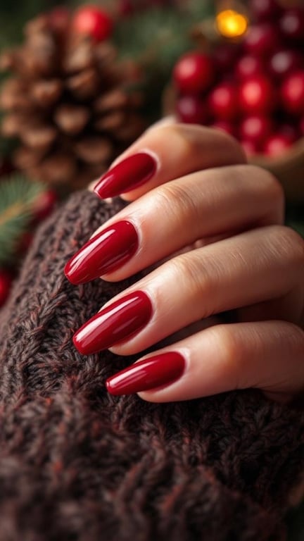 A hand with cranberry red glossy nails resting on a knitted fabric, surrounded by pine cones and cranberries.