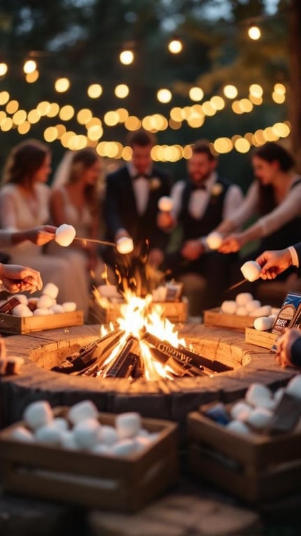 A cozy firepit bar with marshmallows, graham crackers, and chocolate, surrounded by guests enjoying the evening.