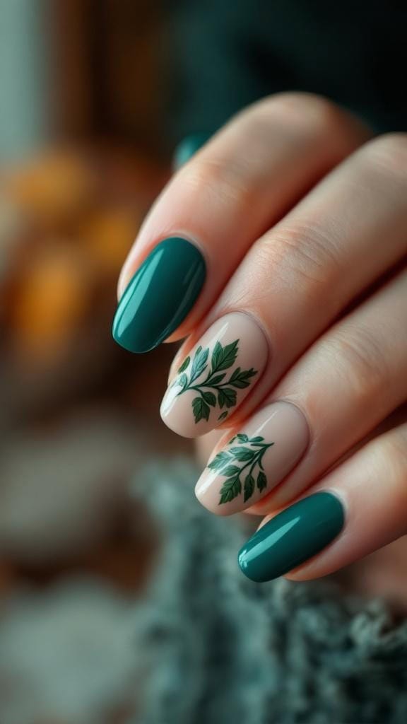 Nail design featuring glossy teal nails with a nude accent nail adorned with green leaf patterns.