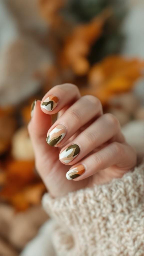 Nail design featuring olive green and nude swirls