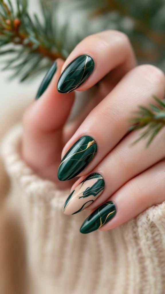 Close-up of green and gold marble nails with a cozy background.