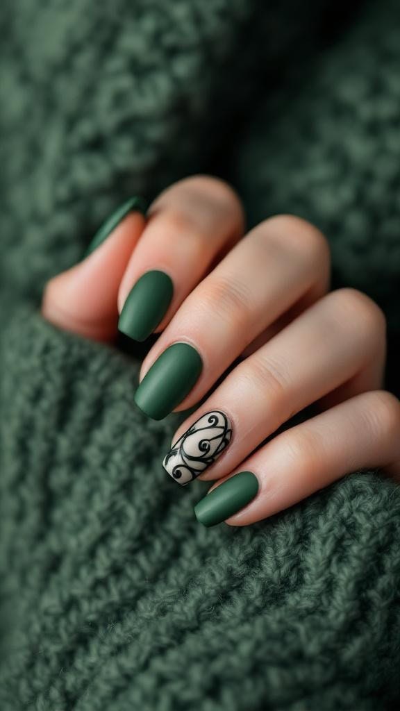 Matte forest green nails with subtle black swirls