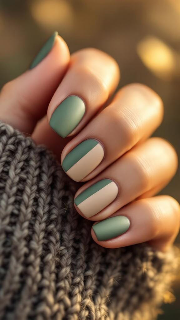 Matte green and beige split color nail design with a leaf detail