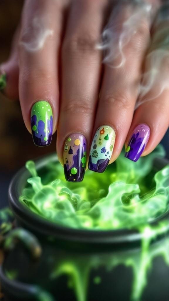 Nail design featuring colorful potion bottles for Halloween