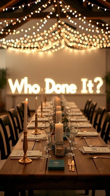 A wedding mystery dinner setup featuring a long table with candles, glasses, and a sign that says 'Who Done It?'