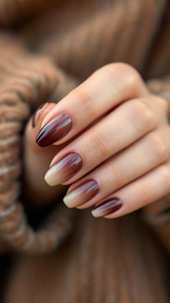 Espresso and cream French fade nails with a cozy sweater background