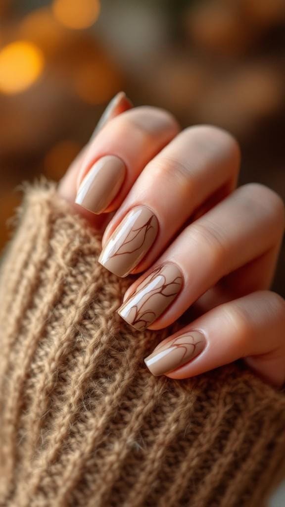 Close-up of beige and brown marble accent nails on a hand resting on a knitted sweater.