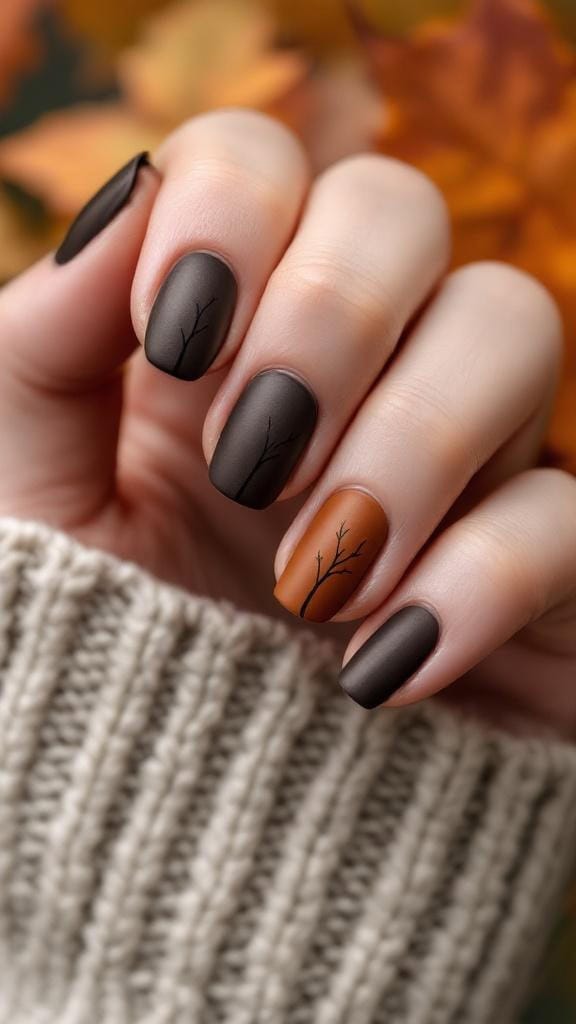 Matte espresso and tan two-tone nails with a branch design.