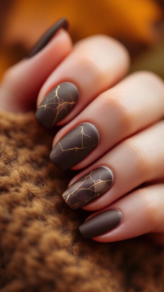 Matte espresso nails with ivory vein marble design