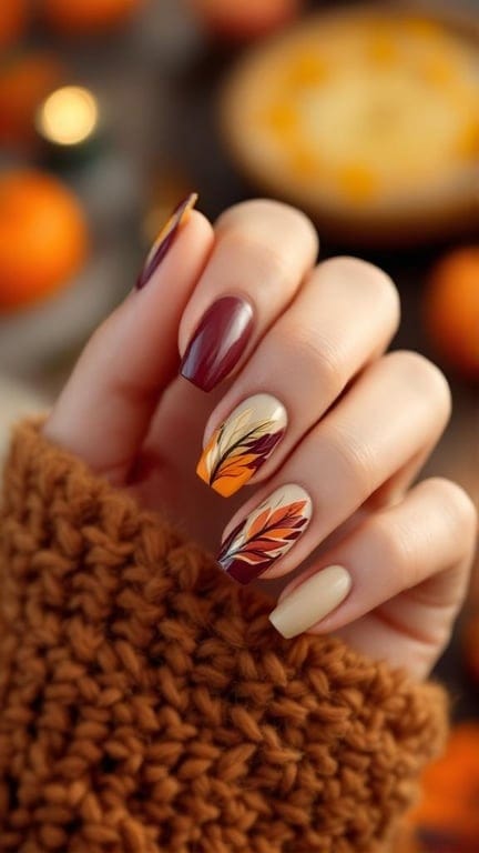 Nails with cream base and turkey feather accents in warm colors