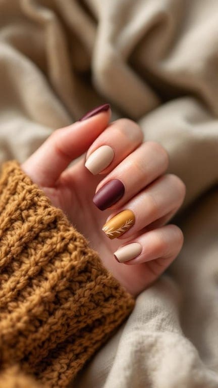 Matte nude nails with colorful feather half moons on a hand resting on a knitted sweater.