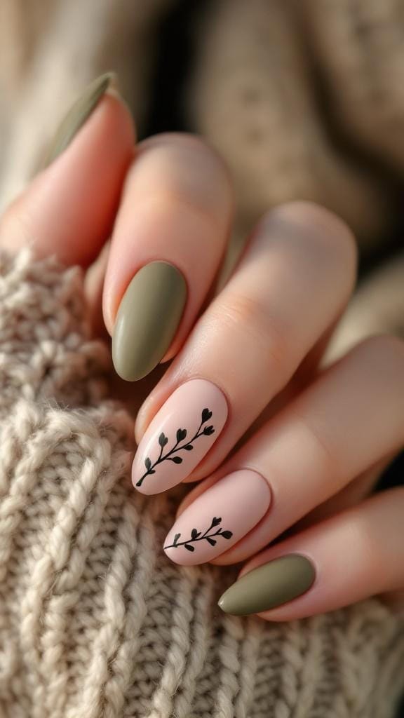 Nail design featuring olive green and blush colors with subtle leaf art.