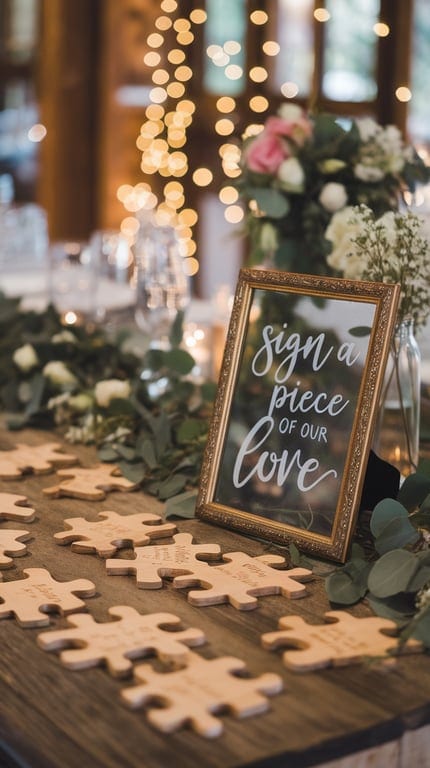 A wedding guest sign-in table with a sign that reads 'Sign a Piece of our Love' and wooden puzzle pieces scattered on the table, surrounded by flowers and fairy lights.