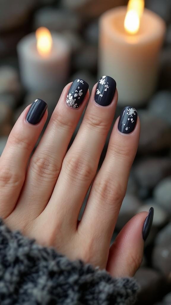 Close-up of hands with charcoal gray nails featuring silver foil accents, surrounded by candles.