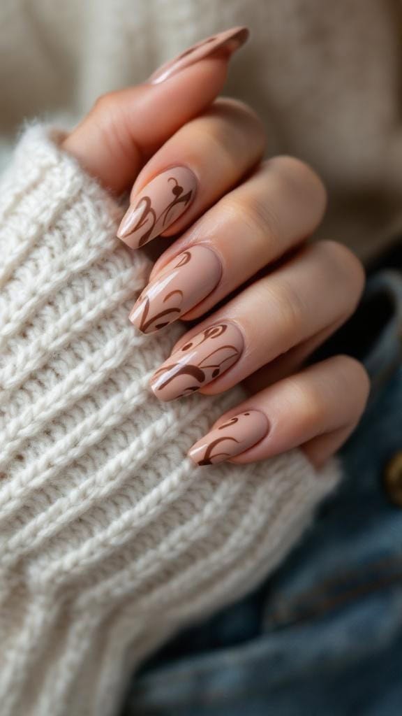 Nail design featuring glossy brown swirls on a nude base, held by a hand in a cozy sweater.