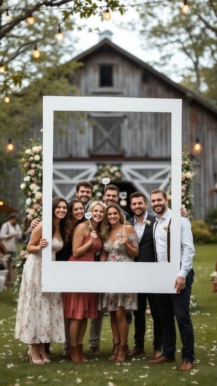 Guests posing in a giant Polaroid frame at a wedding