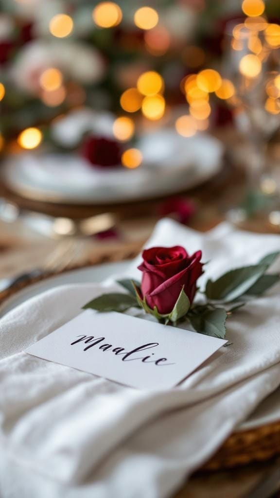 A single burgundy rose placed on a guest plate with a name card at a wedding reception table.