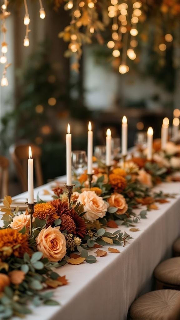 A table garland featuring terracotta roses and gold leaves, adorned with candles, set for a fall wedding.