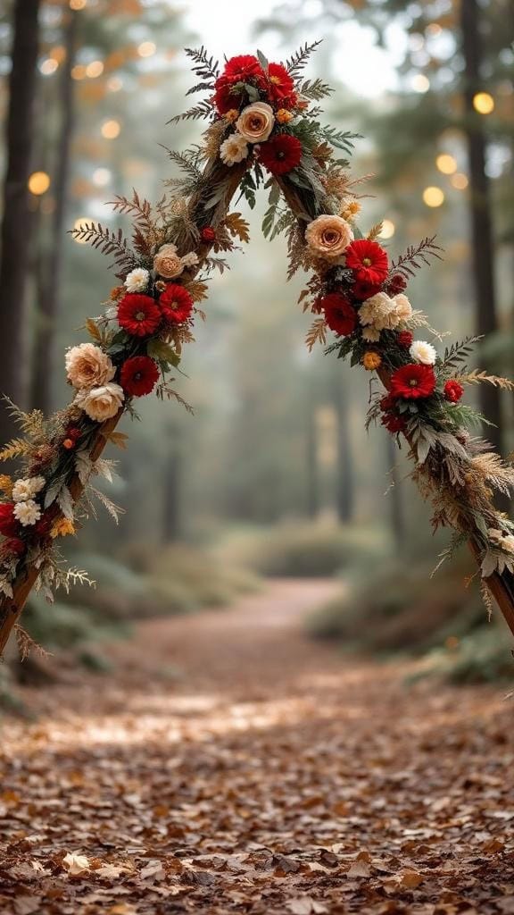 Triangle arch floral arrangement with deep reds and beige flowers, set in a forest backdrop with soft lighting.