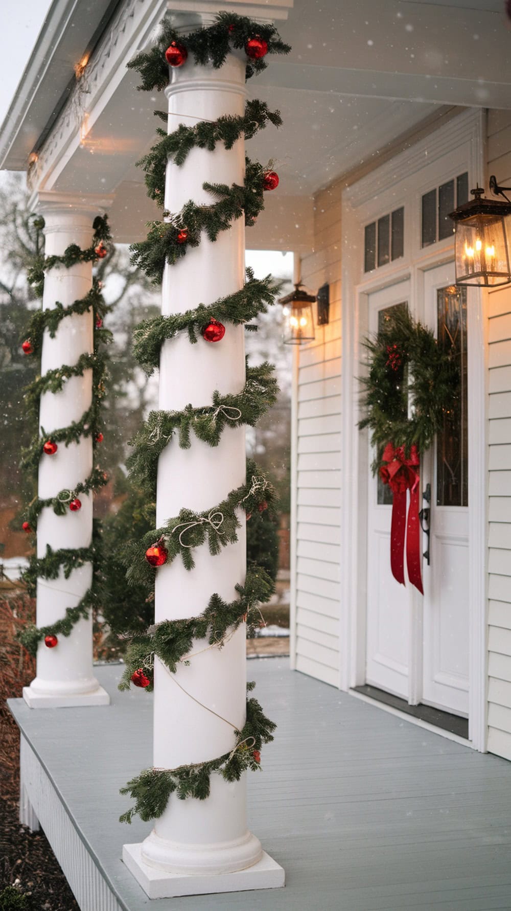 Red and gold garland draped over white columns at a farmhouse front door