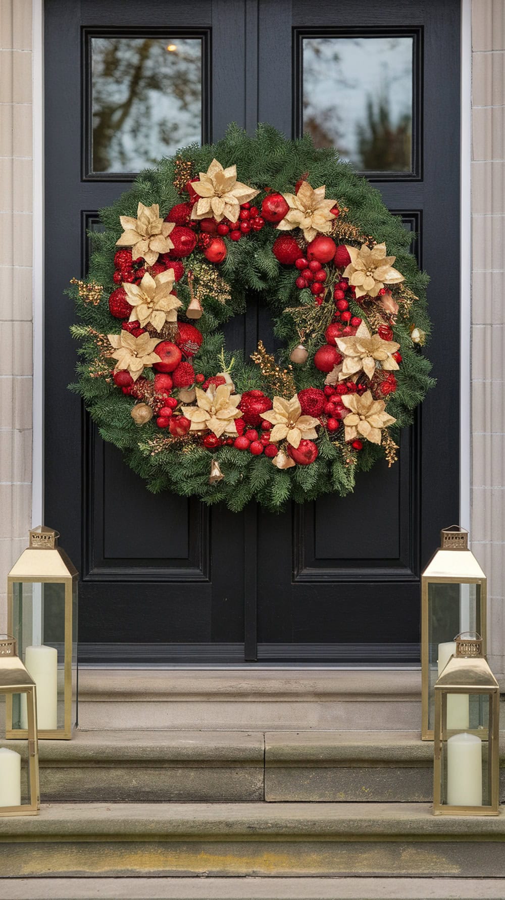 A luxurious red and gold wreath on a black front door, flanked by gold lanterns.