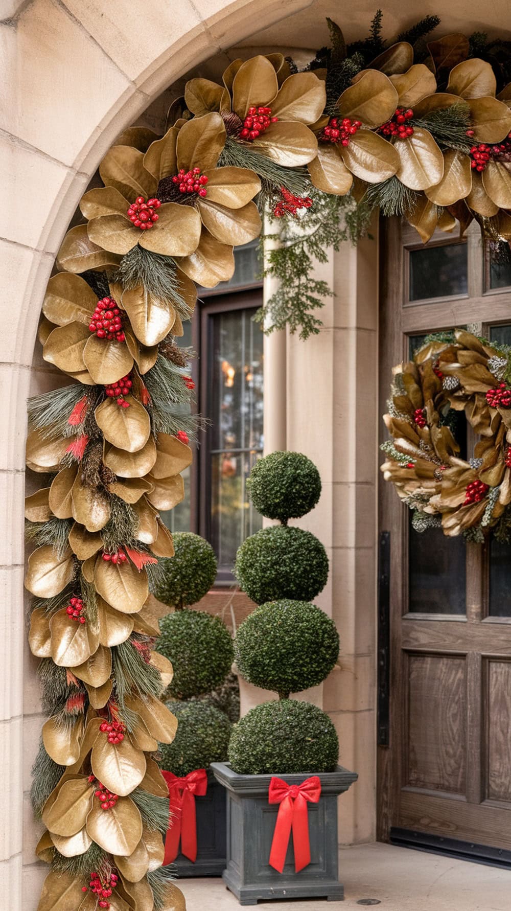 Golden magnolia leaf garland with red berries and greenery on a front door.