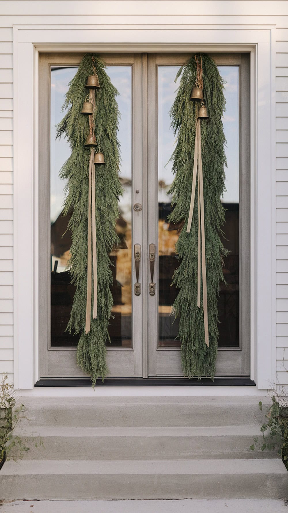 A front door decorated with brass bells and wispy green garland, creating a festive look.