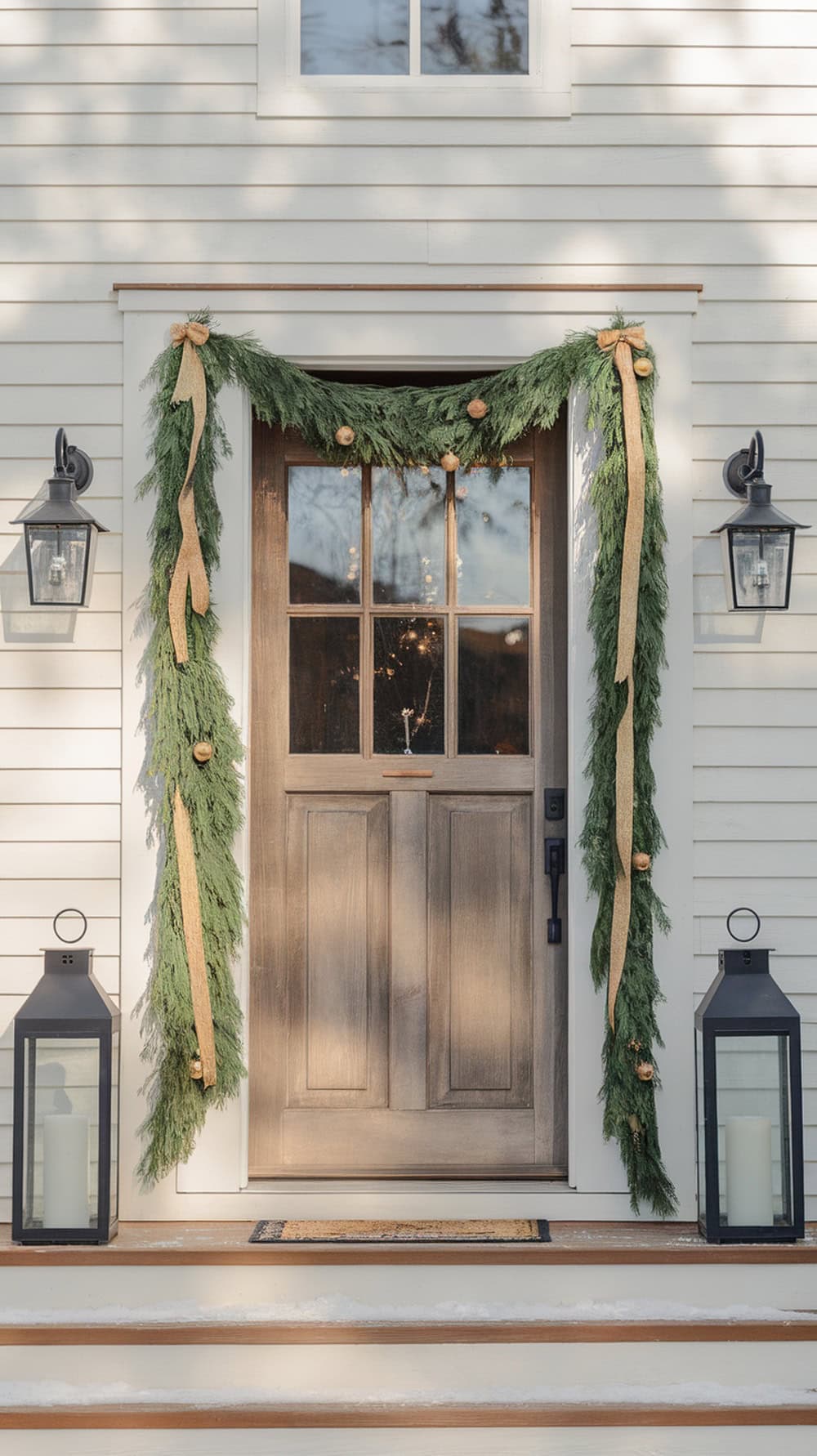 A front door decorated with green garland and gold accents on white shiplap.