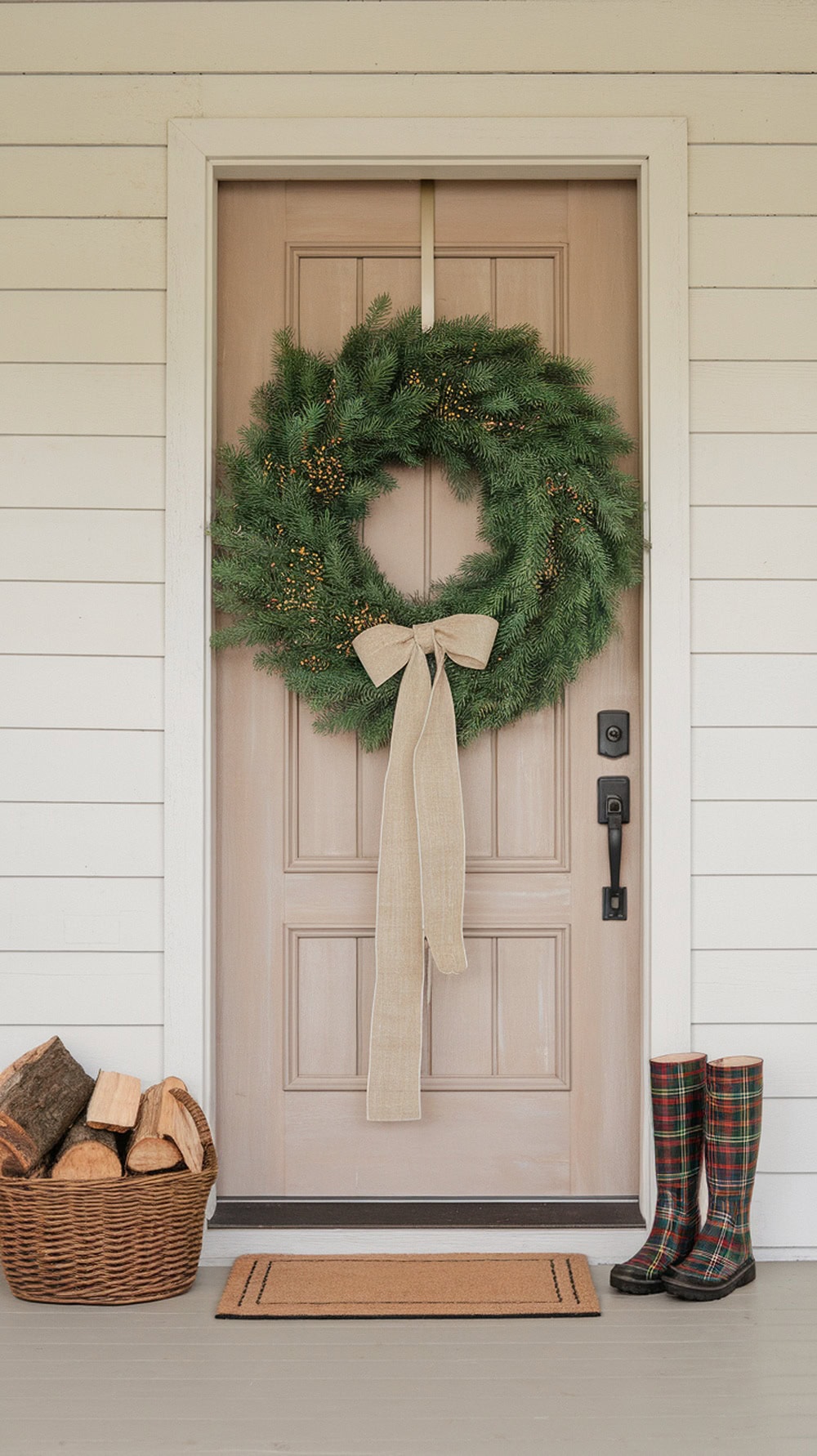 A farmhouse porch featuring a large green wreath on a door, a basket of firewood, and plaid rain boots.