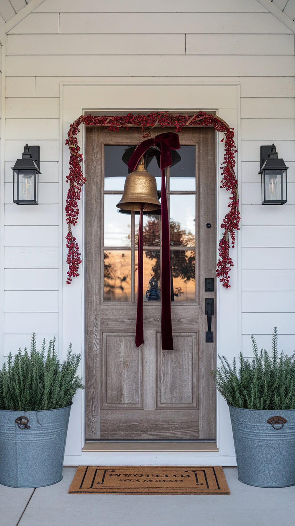 A front door decorated with a red berry garland and gold bells, showcasing a modern farmhouse Christmas theme.