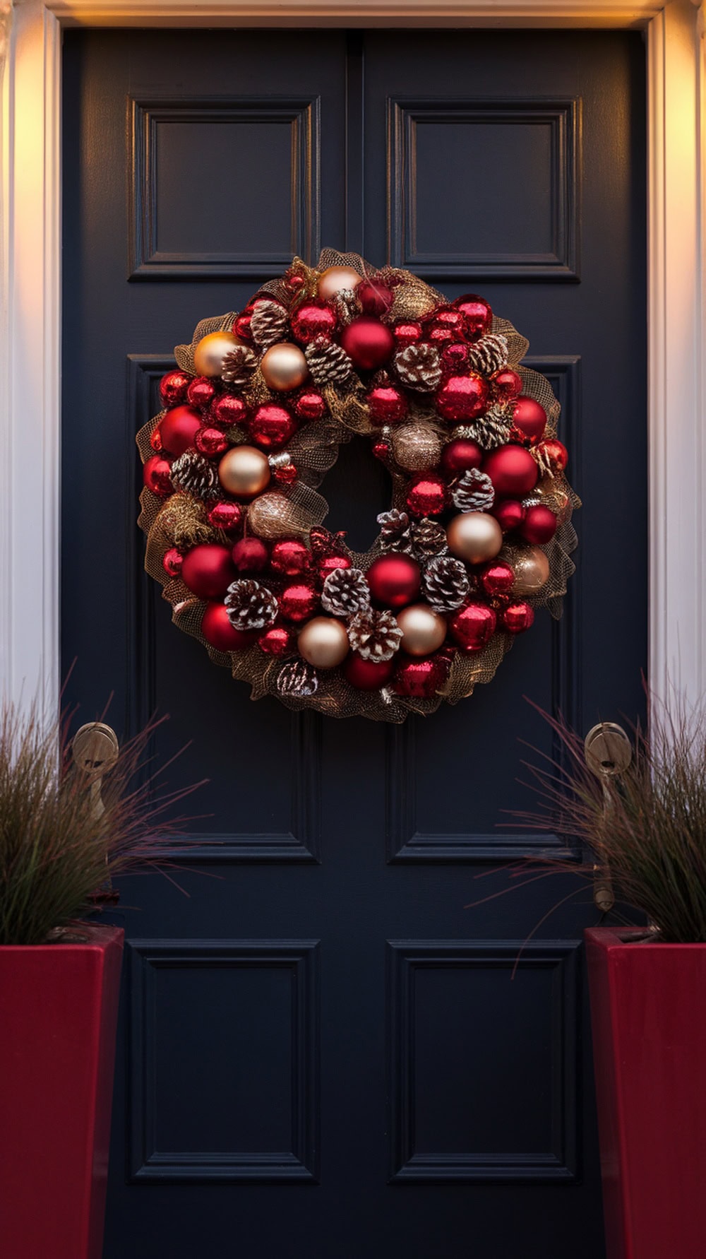 A minimal gold and red wreath with pinecones on a front door.