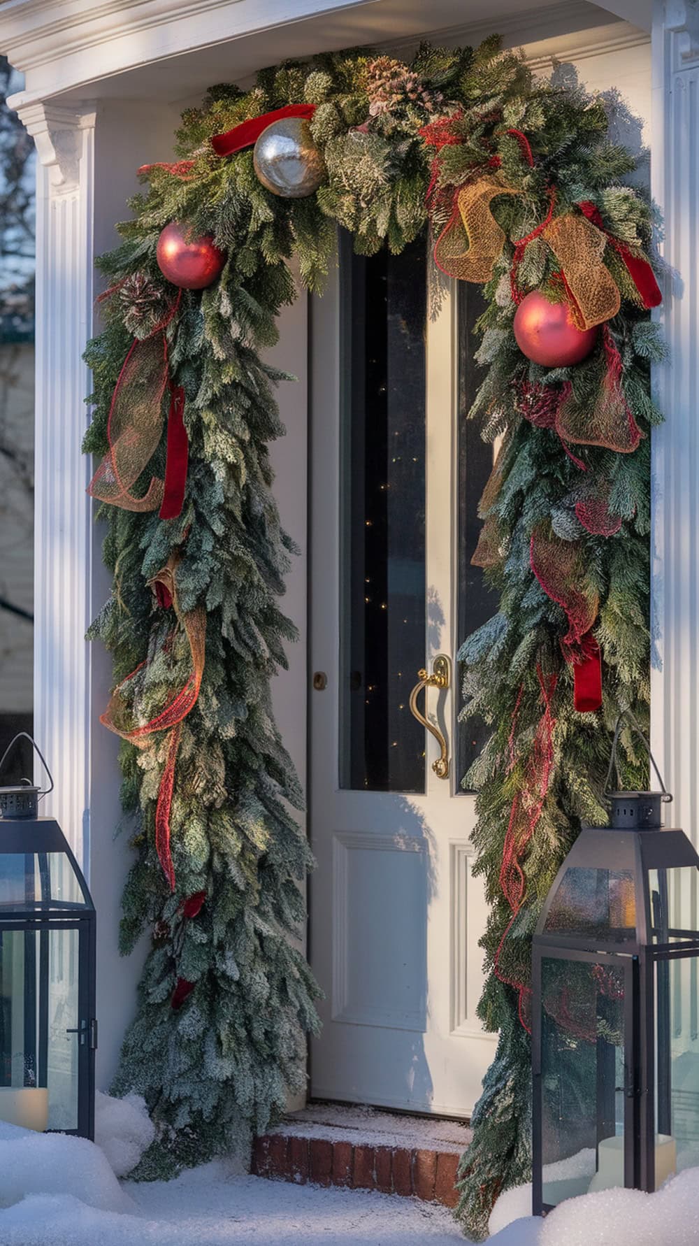 A beautiful red velvet and gold mesh garland adorning a front door, surrounded by lanterns and snow.