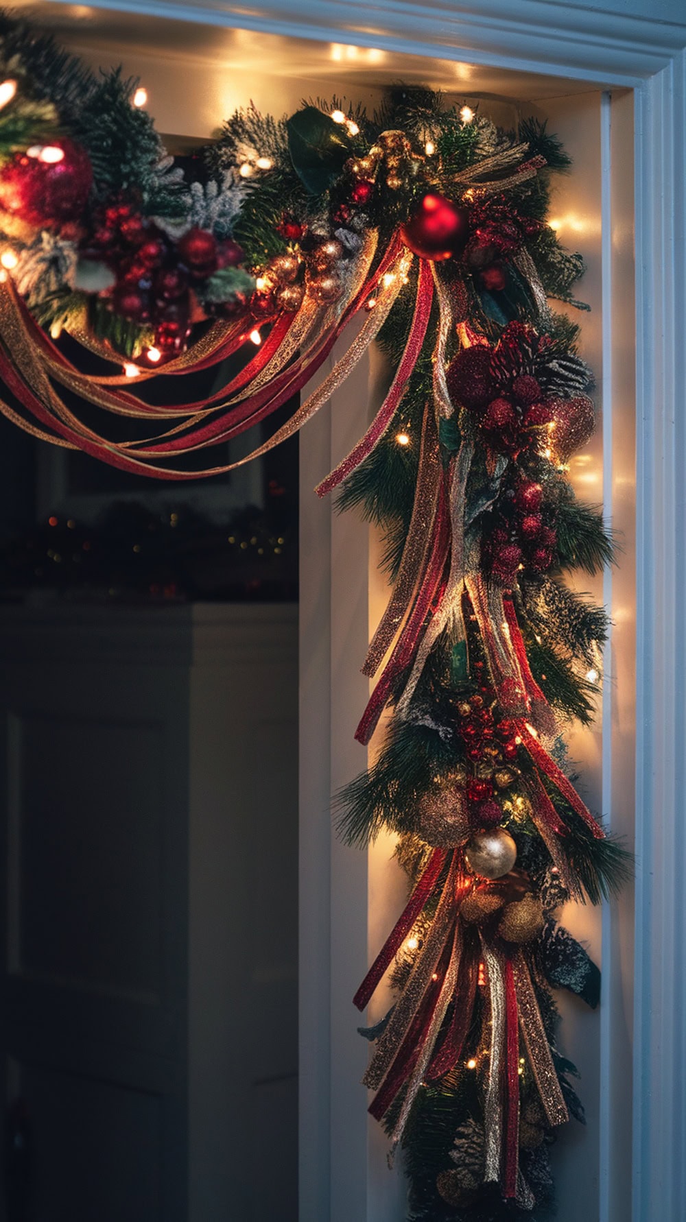 A beautifully decorated Christmas front door with red and gold ribbon swag, ornaments, and lights.