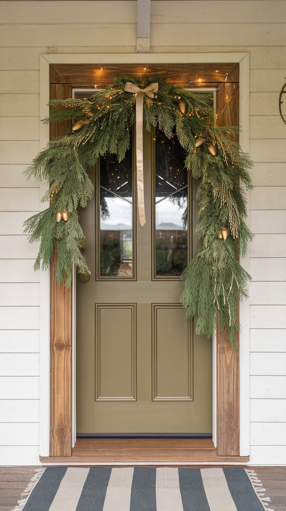 A paneled door decorated with a draped green garland and gold accents.