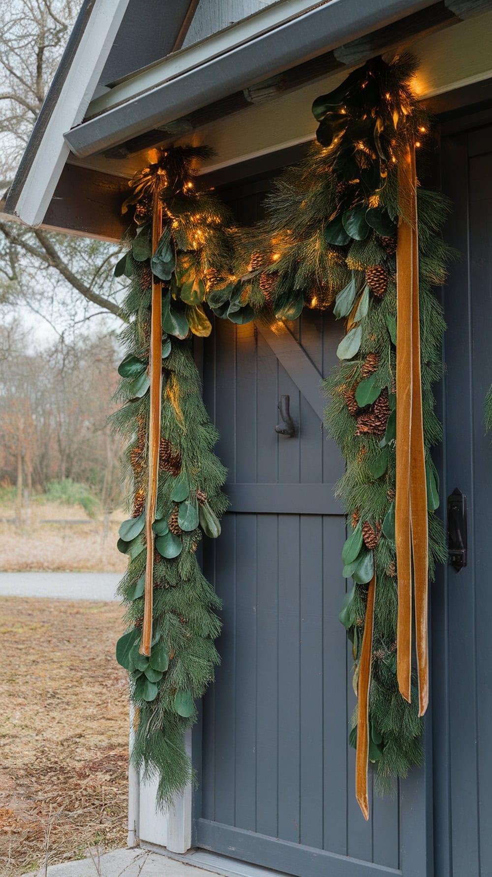 A front door decorated with cascading green garland and gold ribbons, featuring pinecones and soft lights.