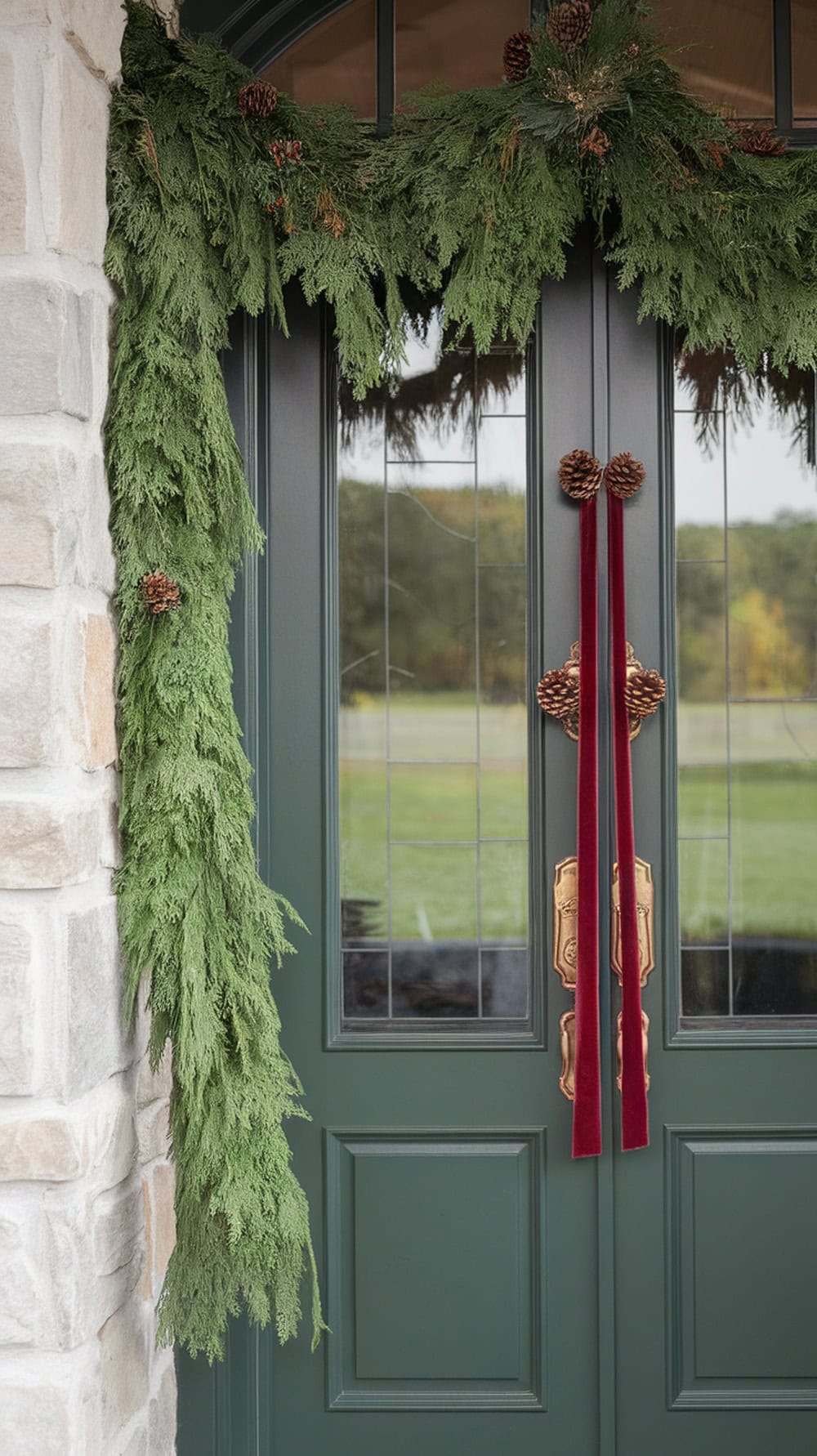 A front door decorated with a green garland and red velvet ribbons, featuring pinecones.