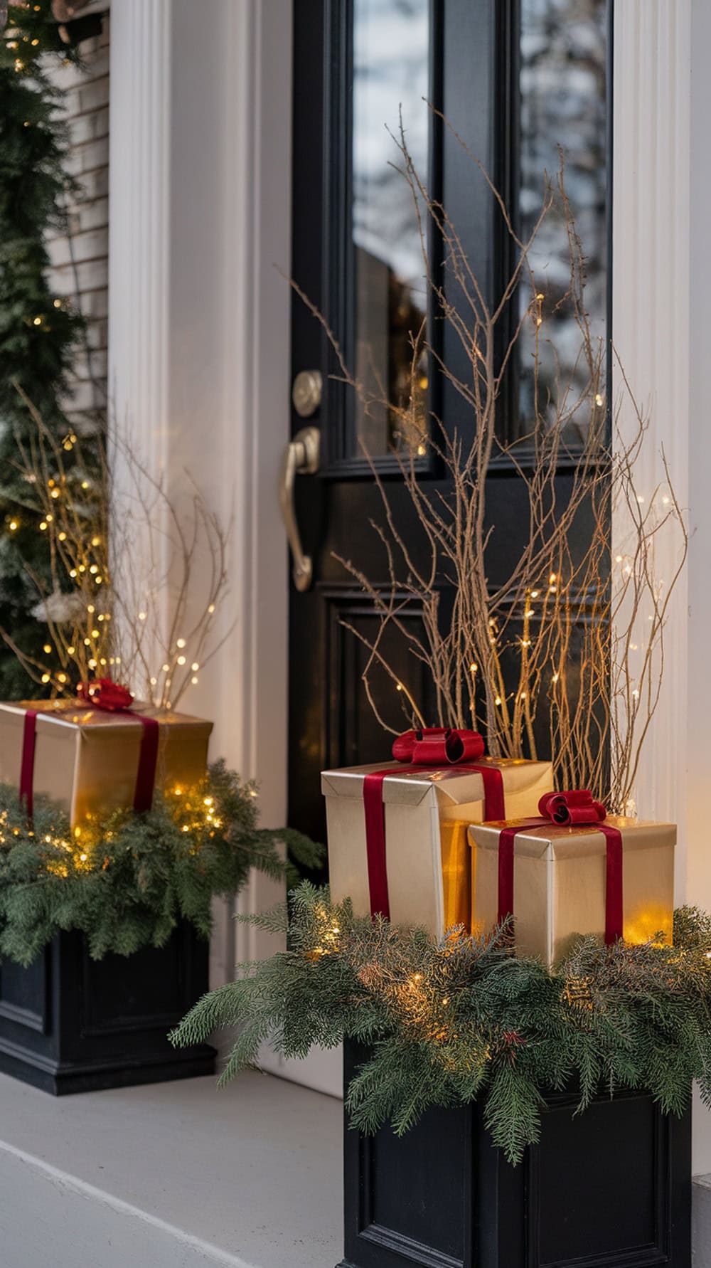 Gold-wrapped presents with red ribbons in planters by a front door, decorated for Christmas.