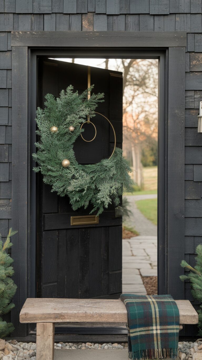 15 Stunning Green and Gold Modern Farmhouse Christmas Front Door Decoration Ideas
