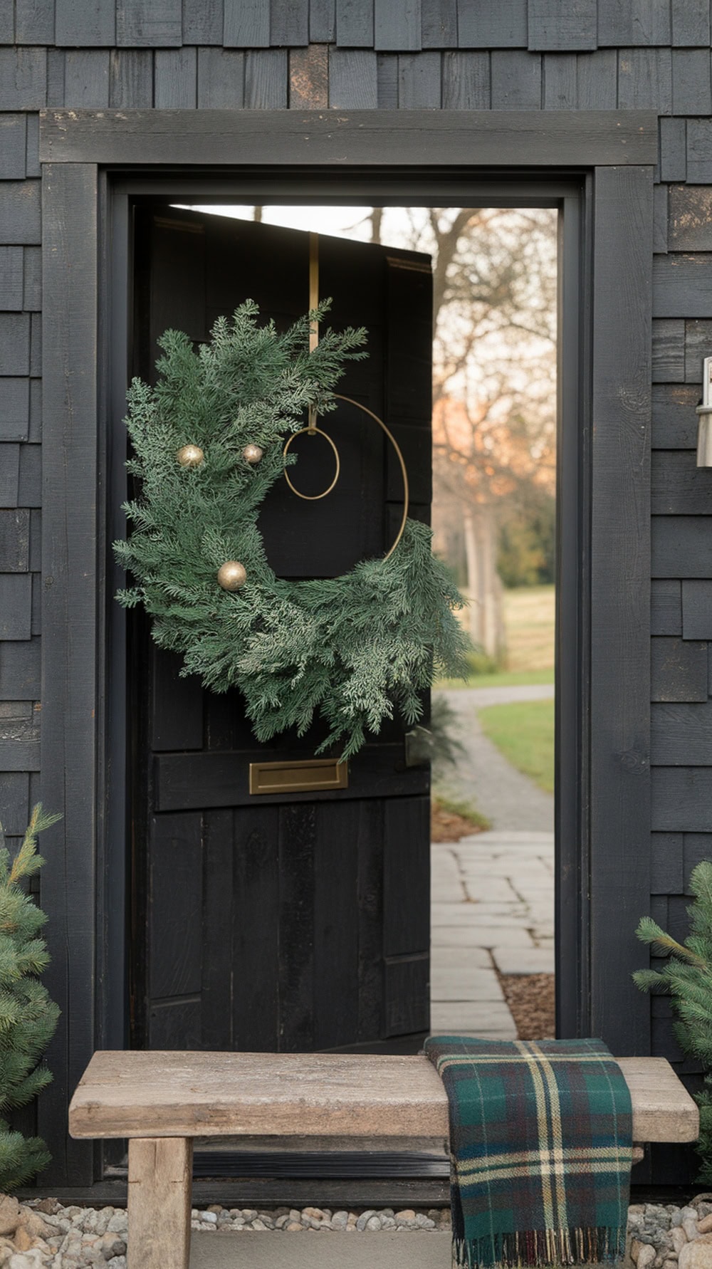 A modern split wreath with green foliage and gold ornaments hanging on a black door.