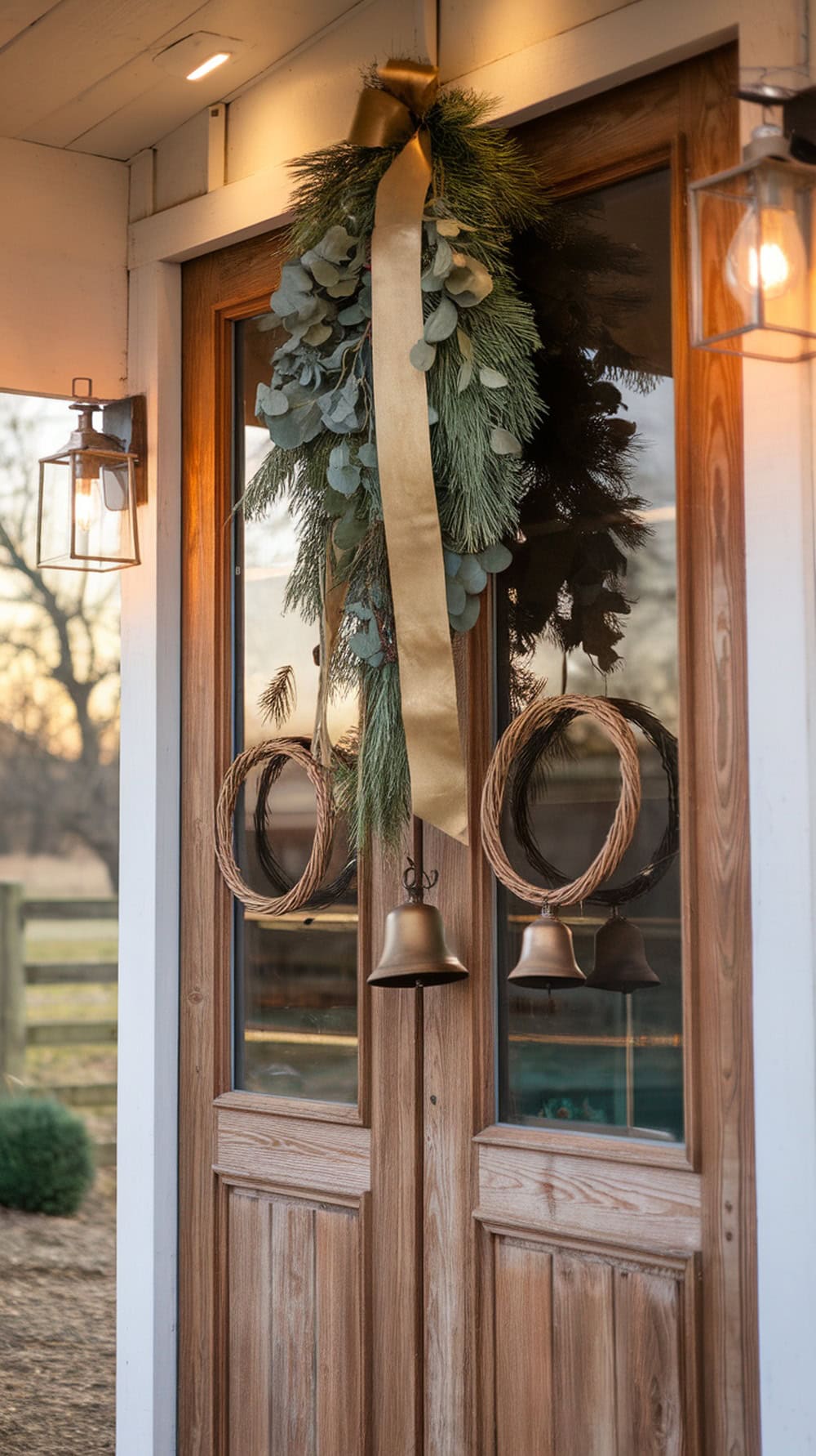 A front door decorated with greenery swag, gold bells, and rustic wreaths.