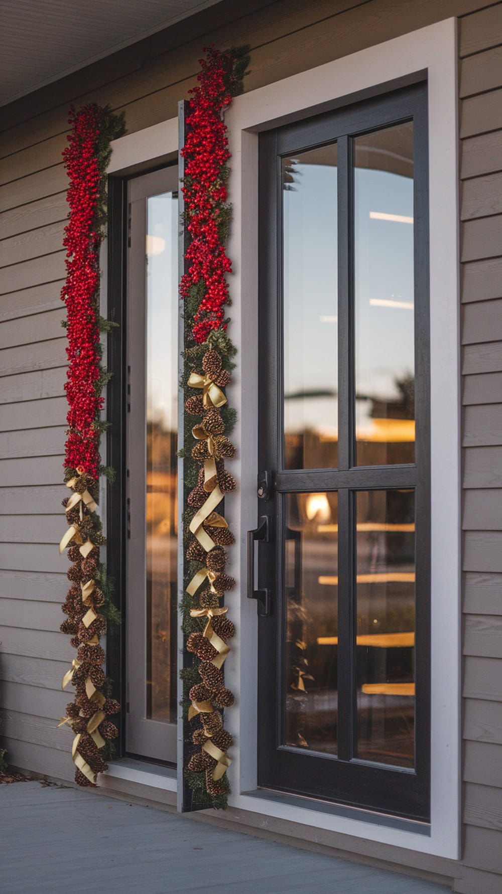 A modern farmhouse front door decorated with a red and gold split garland featuring red berries, pinecones, and gold ribbons.