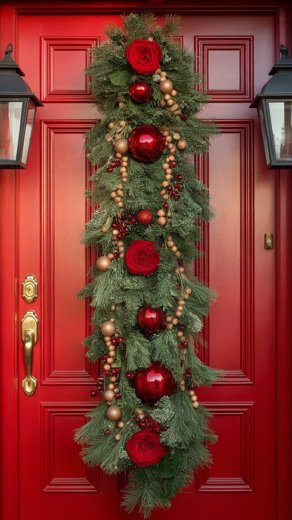 Candy apple red front door decorated with a regal garland featuring red roses and shiny ornaments.