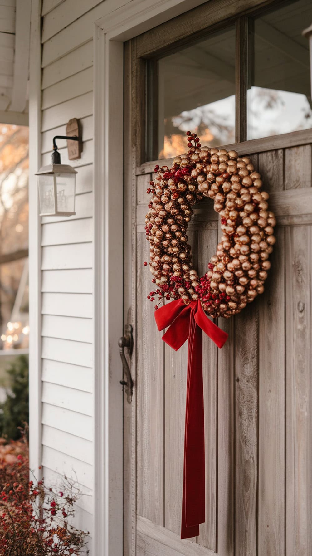 A wreath made of gold baubles and red berries, adorned with a red ribbon, hanging on a wooden door.
