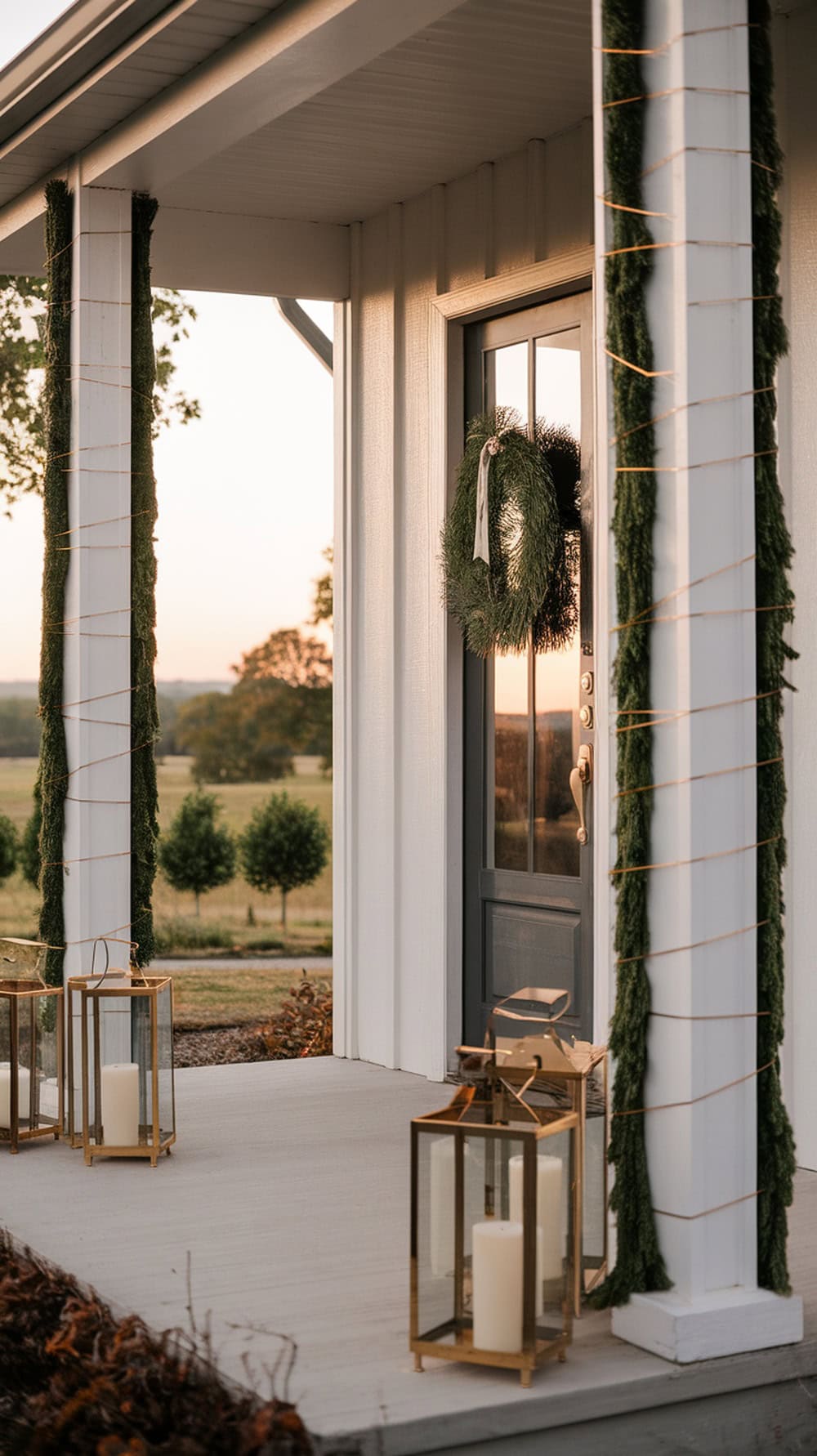 A modern farmhouse front door decorated with greenery columns and gold lanterns.