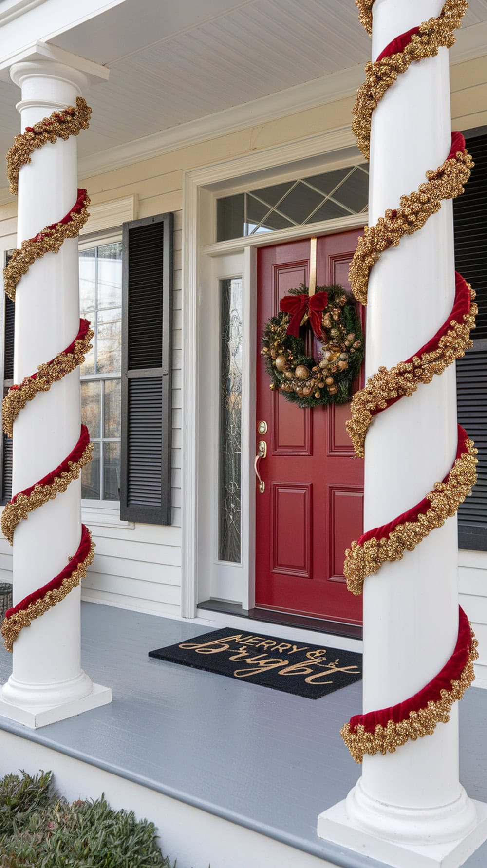 Decorated front door with gold berry and red bow columns